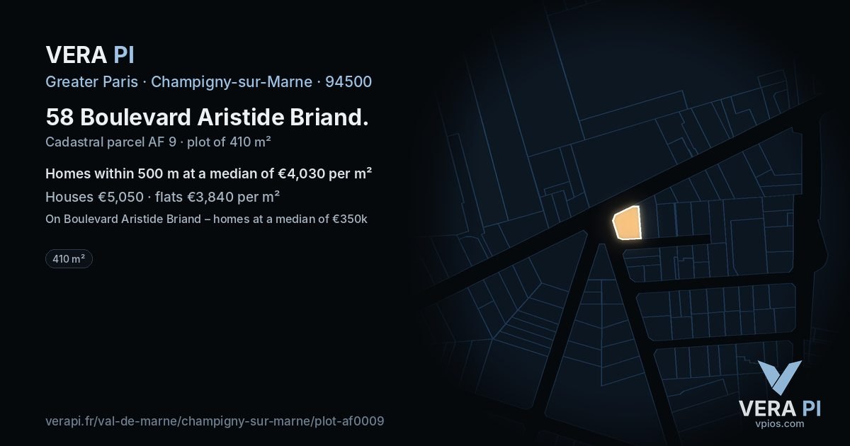 58 Boulevard Aristide Briand, Champigny-sur-Marne at night – the plot lit, the parcels around coloured by the prices near them
