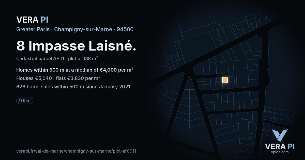 8 Impasse Laisné, Champigny-sur-Marne at night – the plot lit, the parcels around coloured by the prices near them