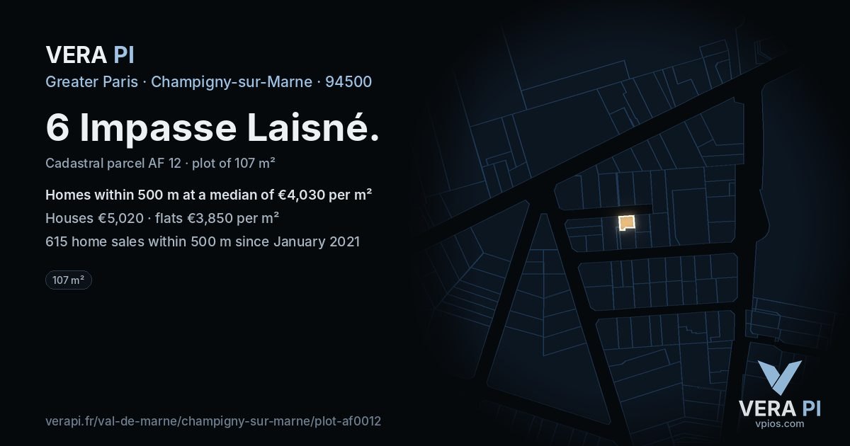 6 Impasse Laisné, Champigny-sur-Marne at night – the plot lit, the parcels around coloured by the prices near them