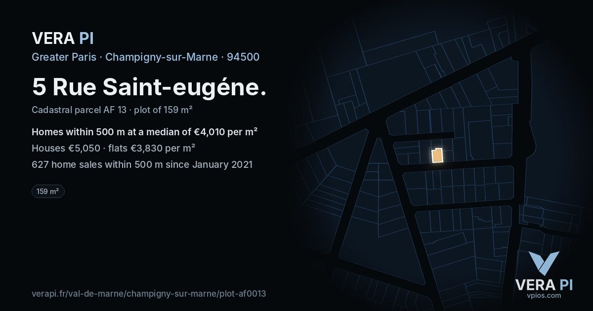 5 Rue Saint-eugéne, Champigny-sur-Marne at night – the plot lit, the parcels around coloured by the prices near them
