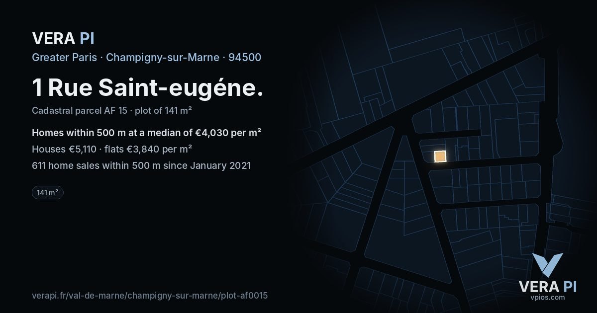 1 Rue Saint-eugéne, Champigny-sur-Marne at night – the plot lit, the parcels around coloured by the prices near them