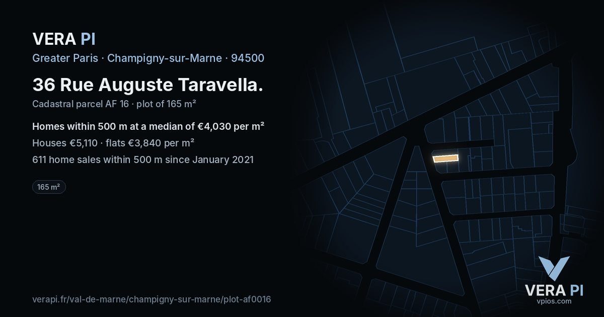36 Rue Auguste Taravella, Champigny-sur-Marne at night – the plot lit, the parcels around coloured by the prices near them