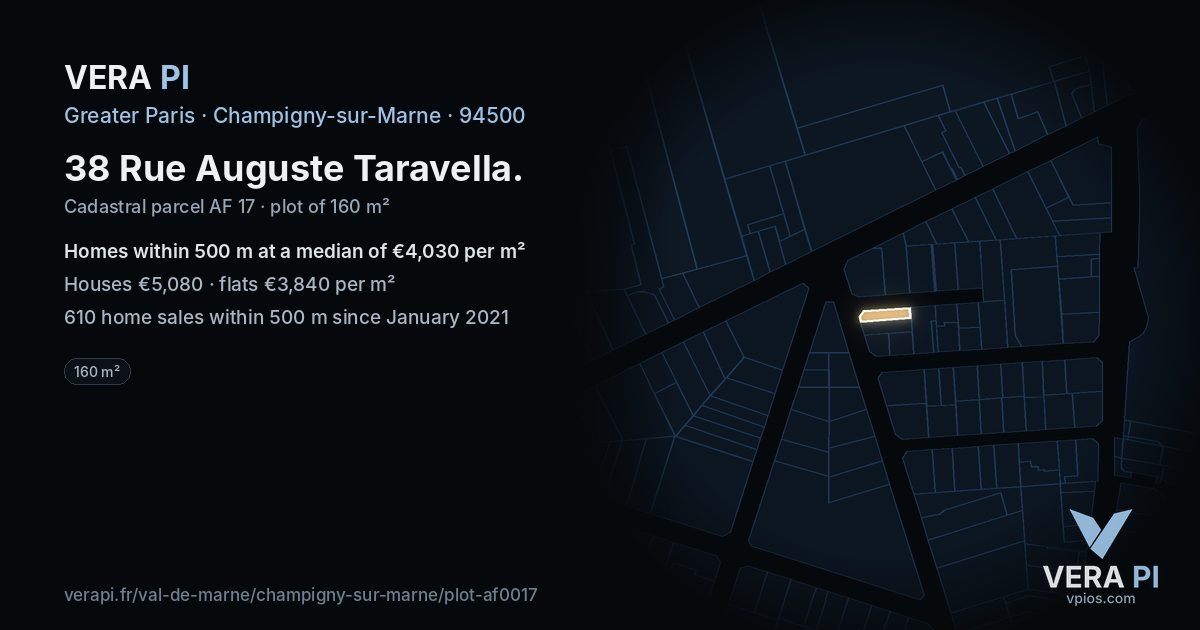38 Rue Auguste Taravella, Champigny-sur-Marne at night – the plot lit, the parcels around coloured by the prices near them