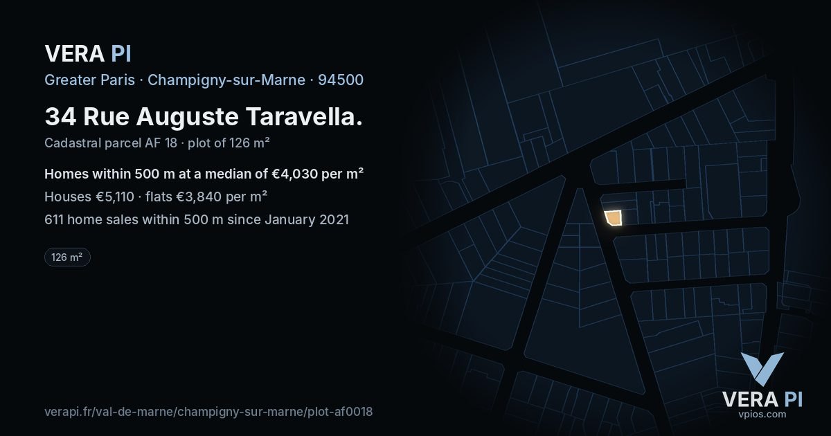 34 Rue Auguste Taravella, Champigny-sur-Marne at night – the plot lit, the parcels around coloured by the prices near them