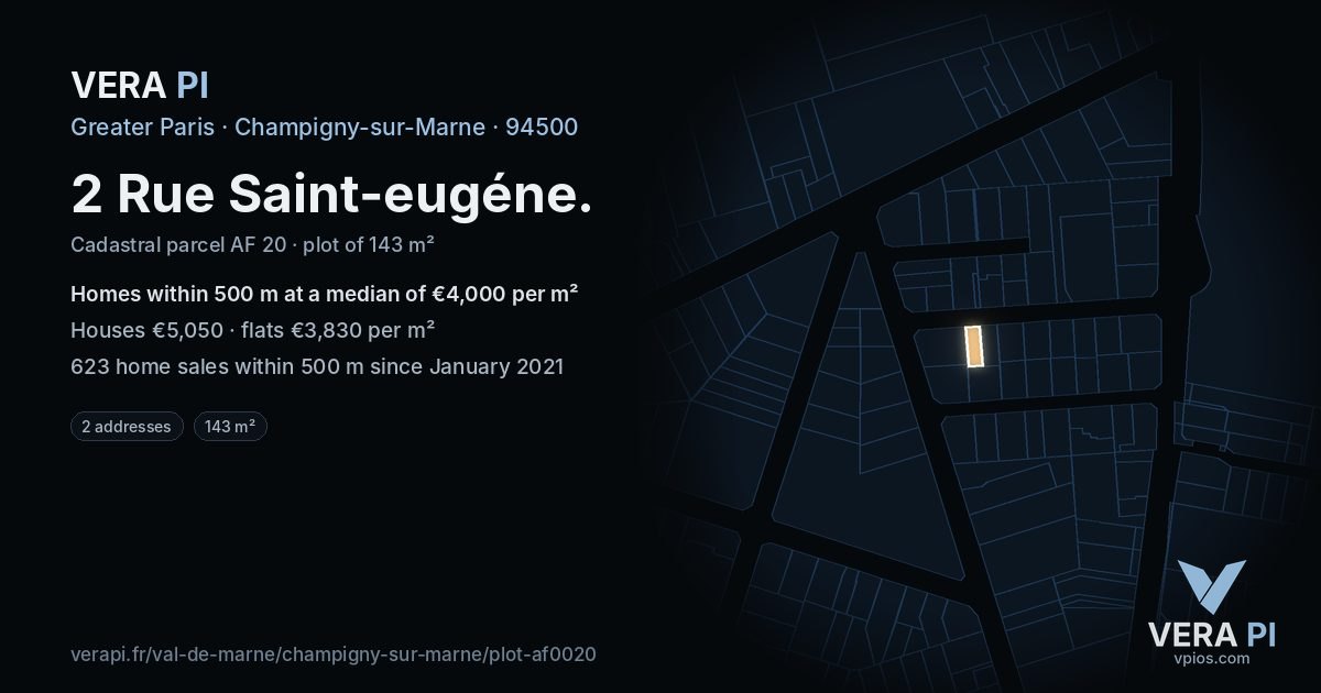 2 Rue Saint-eugéne, Champigny-sur-Marne at night – the plot lit, the parcels around coloured by the prices near them