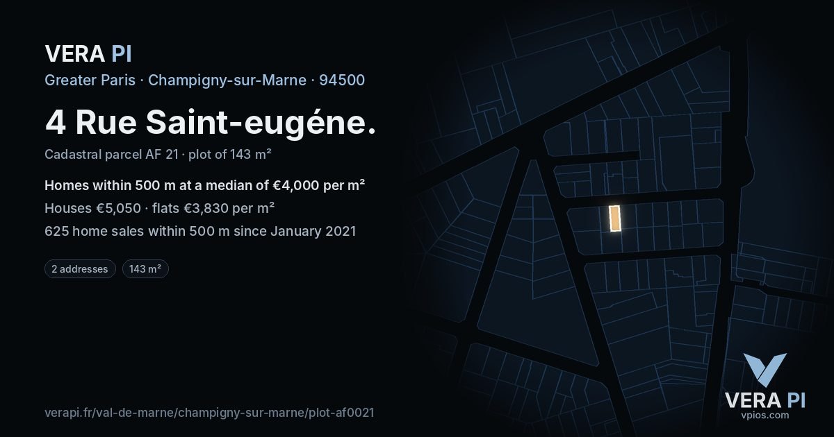4 Rue Saint-eugéne, Champigny-sur-Marne at night – the plot lit, the parcels around coloured by the prices near them
