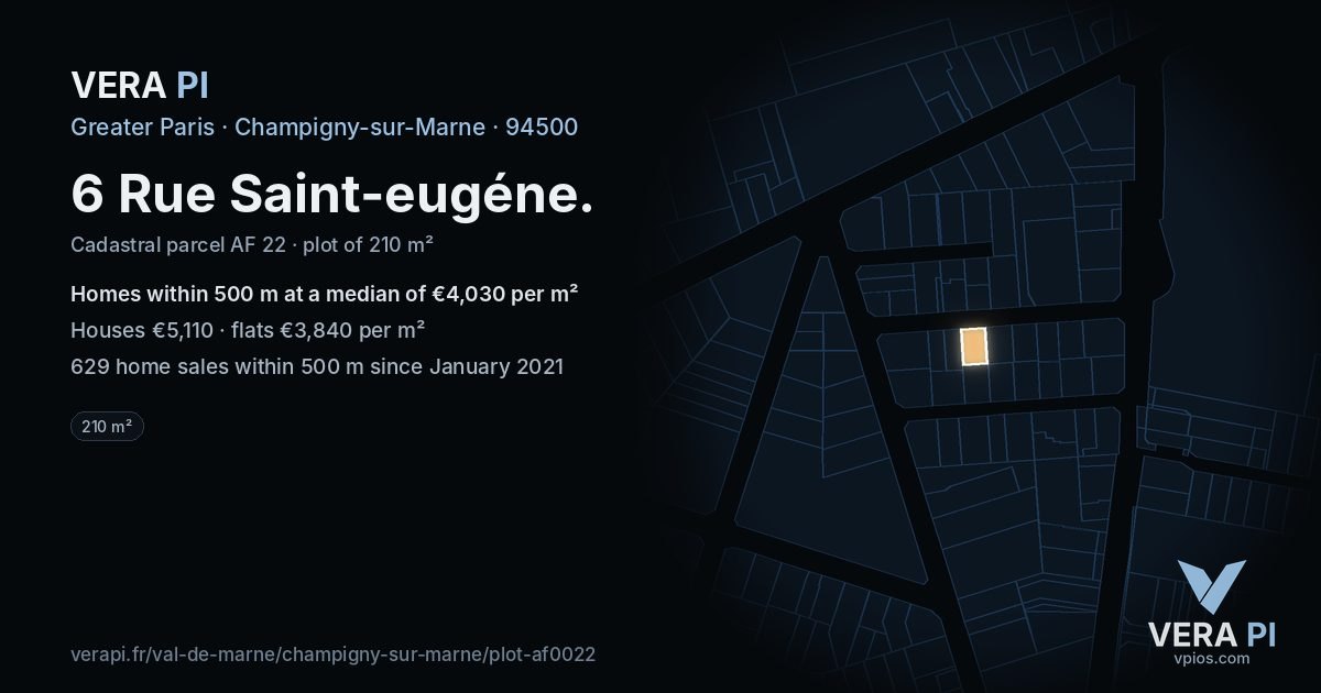 6 Rue Saint-eugéne, Champigny-sur-Marne at night – the plot lit, the parcels around coloured by the prices near them