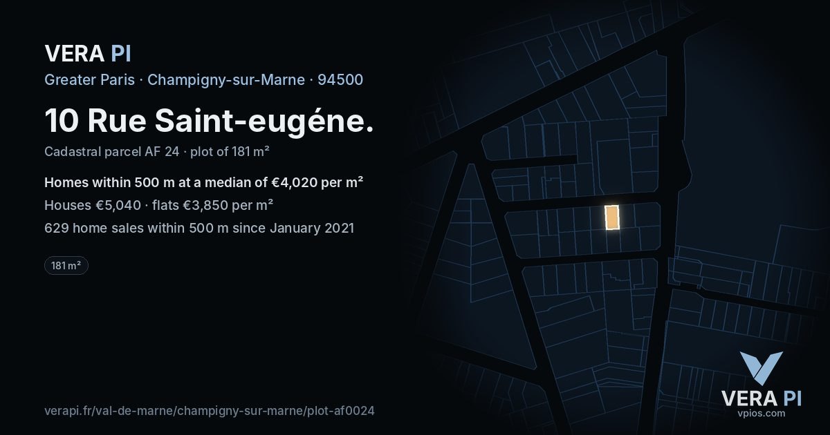 10 Rue Saint-eugéne, Champigny-sur-Marne at night – the plot lit, the parcels around coloured by the prices near them