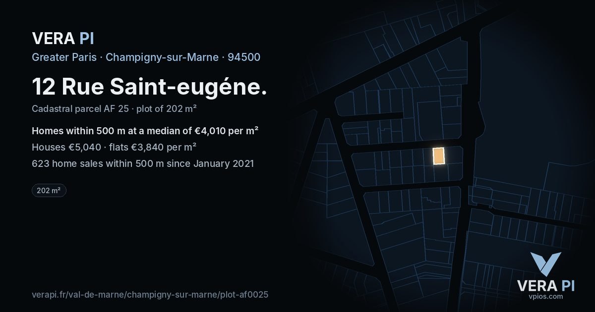 12 Rue Saint-eugéne, Champigny-sur-Marne at night – the plot lit, the parcels around coloured by the prices near them
