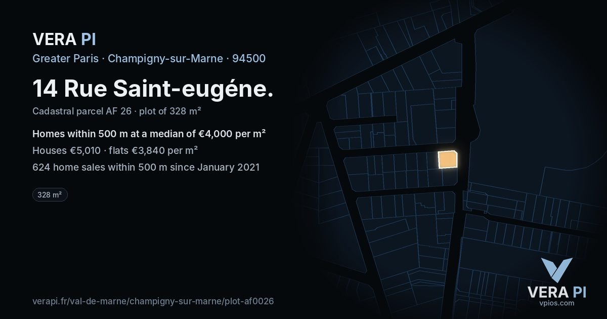 14 Rue Saint-eugéne, Champigny-sur-Marne at night – the plot lit, the parcels around coloured by the prices near them