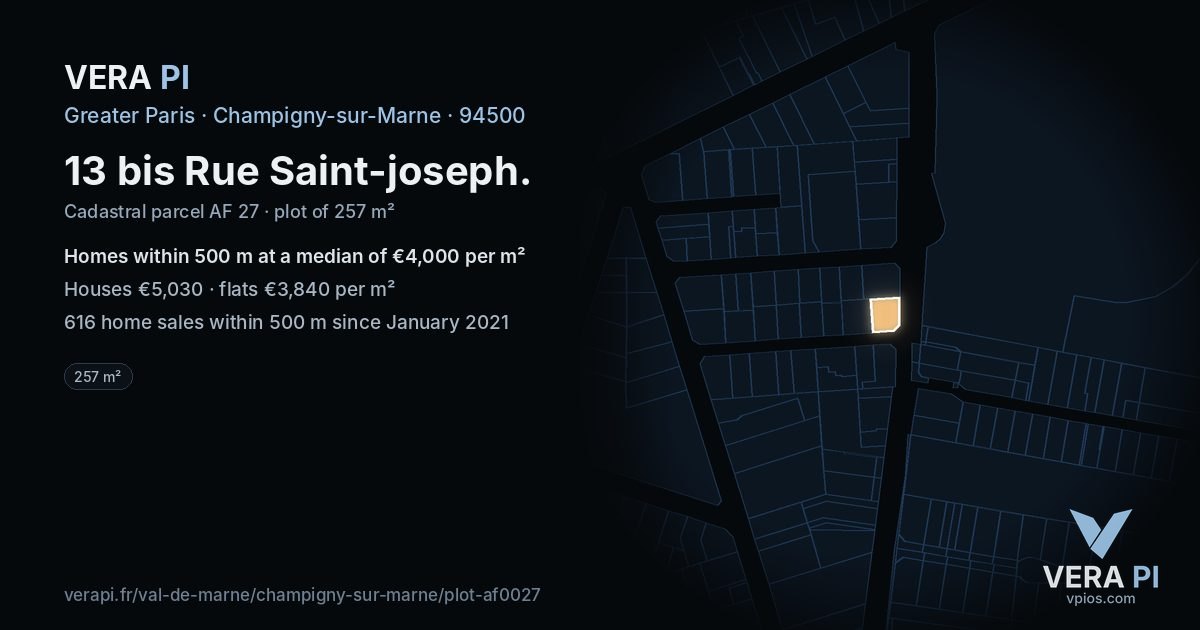 13 bis Rue Saint-joseph, Champigny-sur-Marne at night – the plot lit, the parcels around coloured by the prices near them