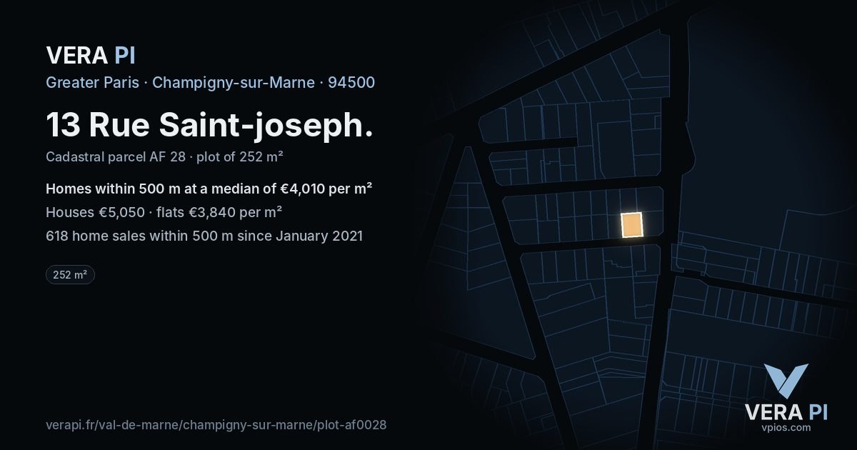 13 Rue Saint-joseph, Champigny-sur-Marne at night – the plot lit, the parcels around coloured by the prices near them