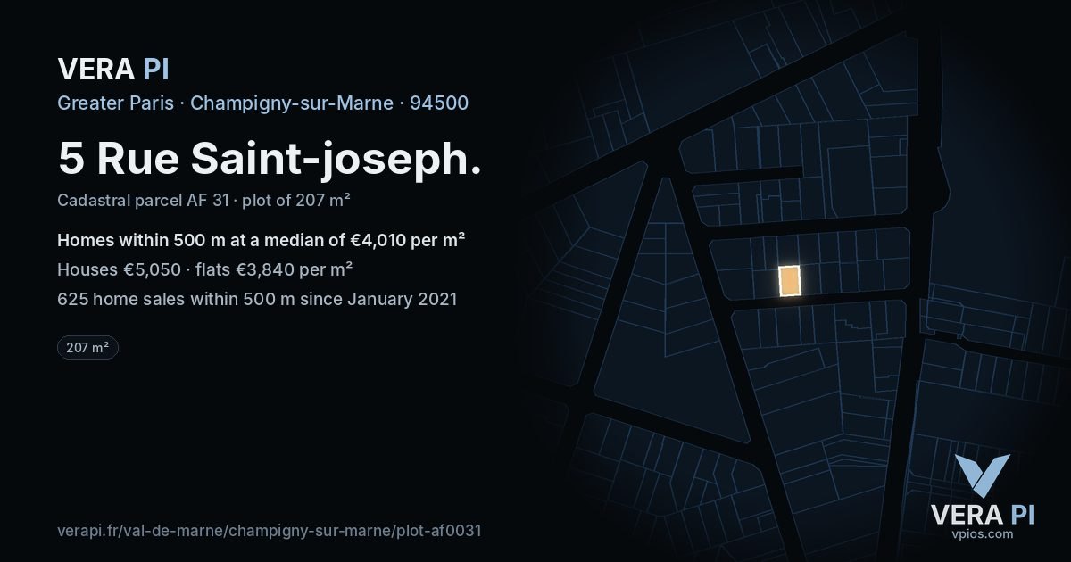5 Rue Saint-joseph, Champigny-sur-Marne at night – the plot lit, the parcels around coloured by the prices near them