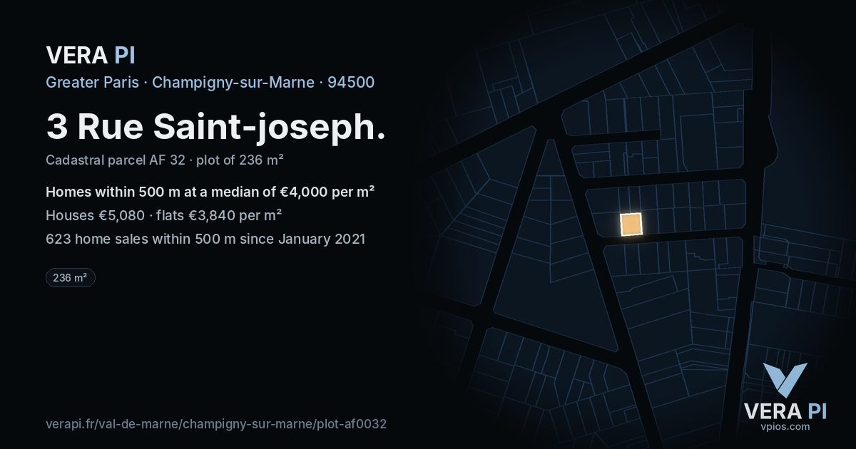 3 Rue Saint-joseph, Champigny-sur-Marne at night – the plot lit, the parcels around coloured by the prices near them