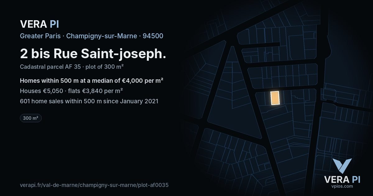 2 bis Rue Saint-joseph, Champigny-sur-Marne at night – the plot lit, the parcels around coloured by the prices near them