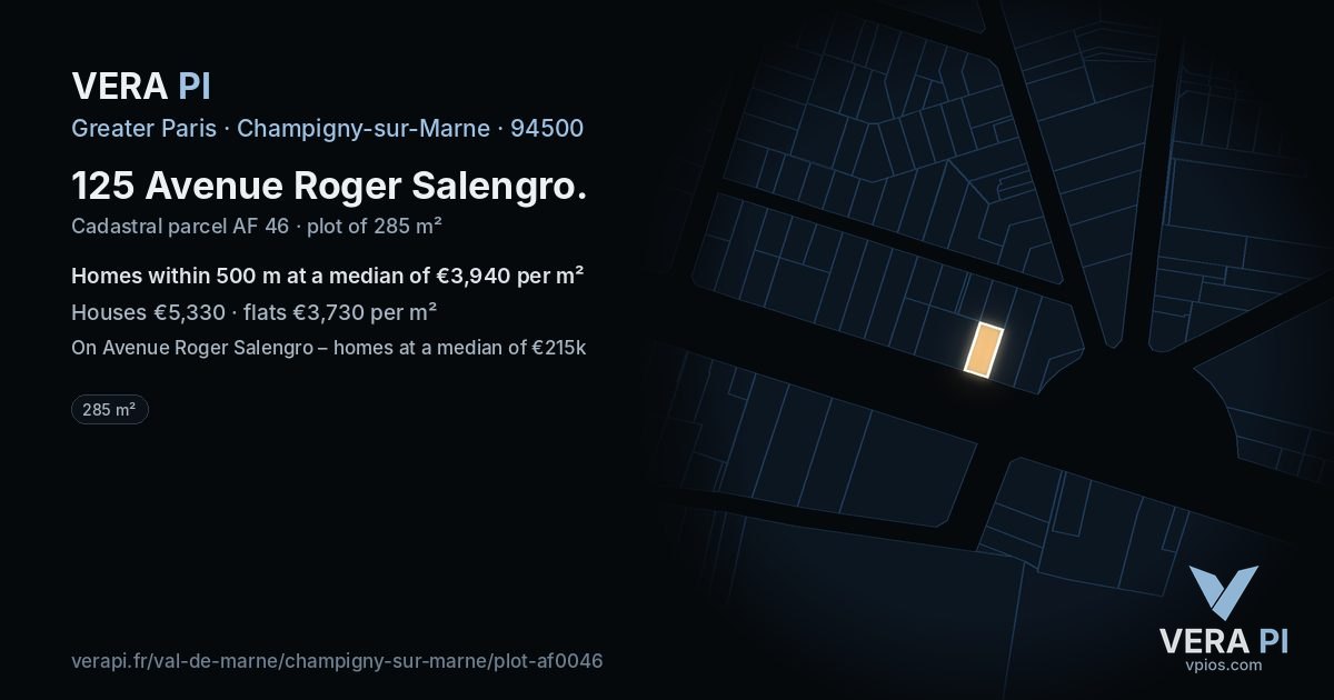 125 Avenue Roger Salengro, Champigny-sur-Marne at night – the plot lit, the parcels around coloured by the prices near them