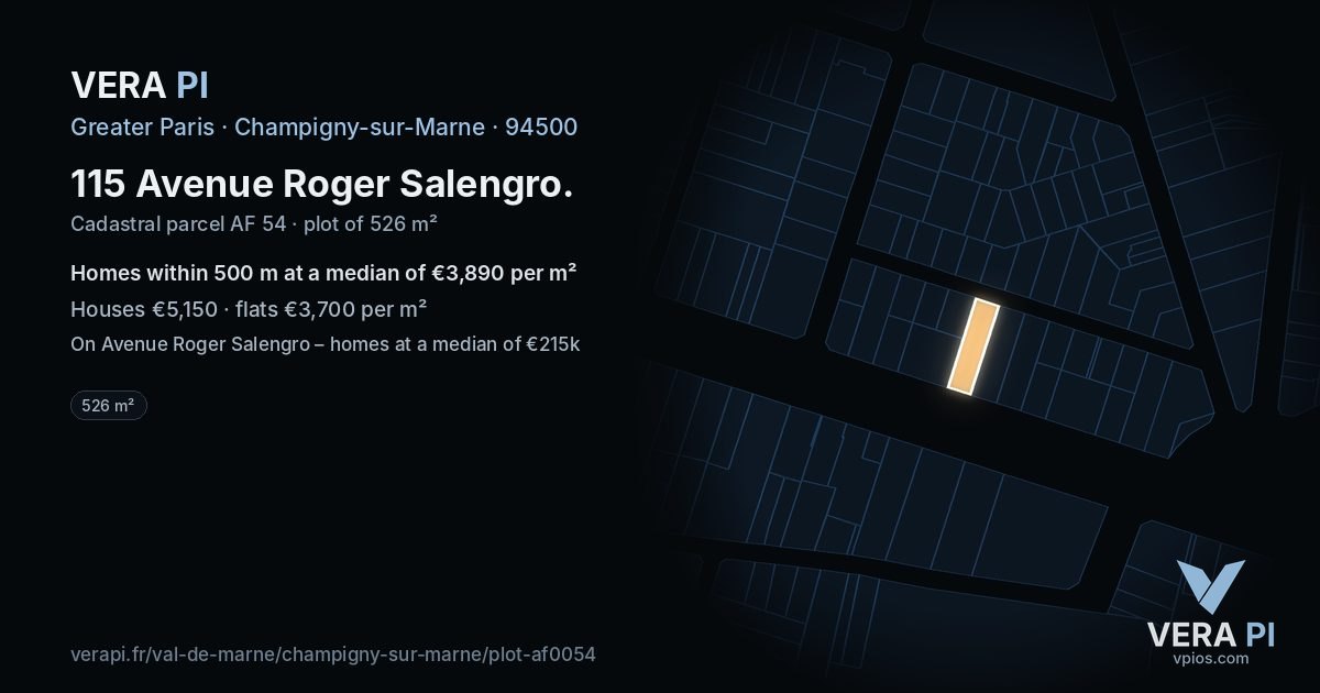 115 Avenue Roger Salengro, Champigny-sur-Marne at night – the plot lit, the parcels around coloured by the prices near them