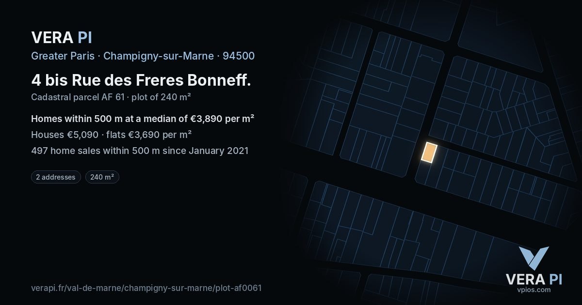 4 bis Rue des Freres Bonneff, Champigny-sur-Marne at night – the plot lit, the parcels around coloured by the prices near them