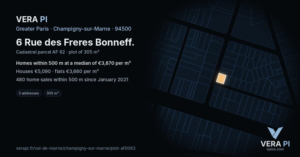6 Rue des Freres Bonneff, Champigny-sur-Marne at night – the plot lit, the parcels around coloured by the prices near them