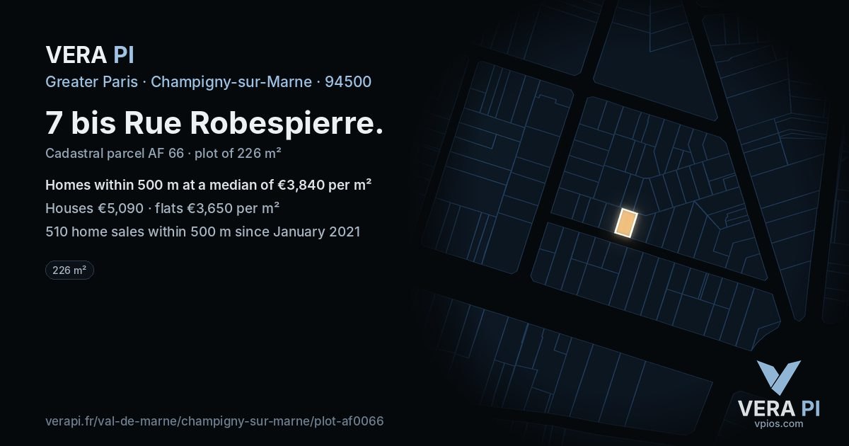 7 bis Rue Robespierre, Champigny-sur-Marne at night – the plot lit, the parcels around coloured by the prices near them
