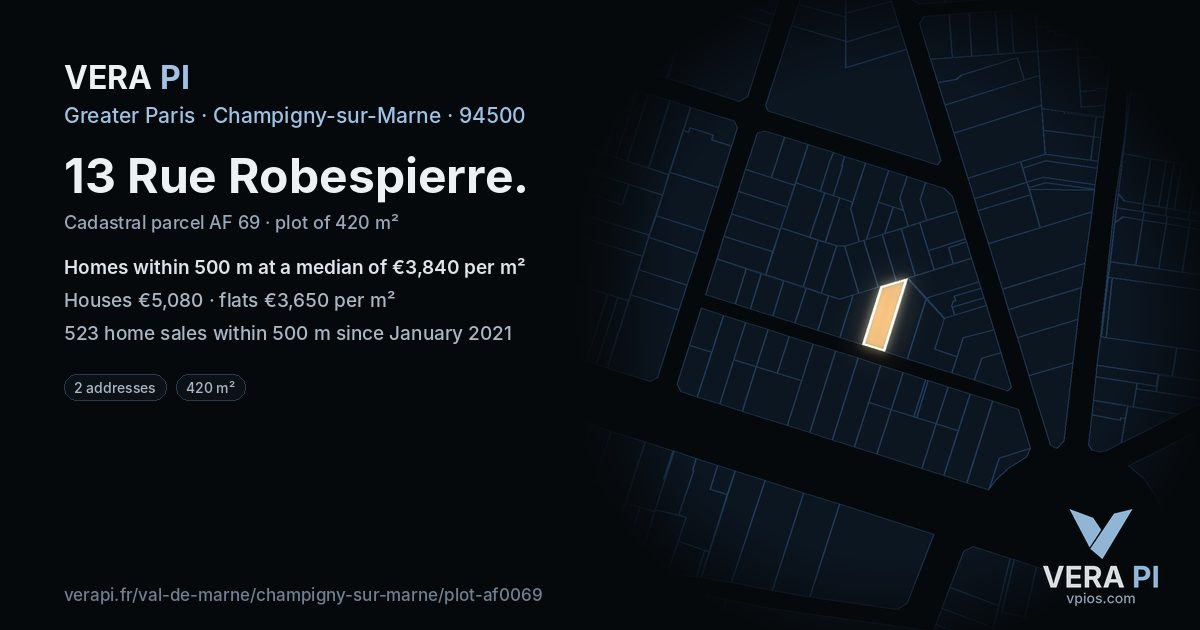 13 Rue Robespierre, Champigny-sur-Marne at night – the plot lit, the parcels around coloured by the prices near them