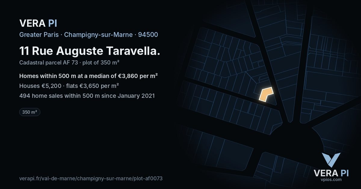 11 Rue Auguste Taravella, Champigny-sur-Marne at night – the plot lit, the parcels around coloured by the prices near them