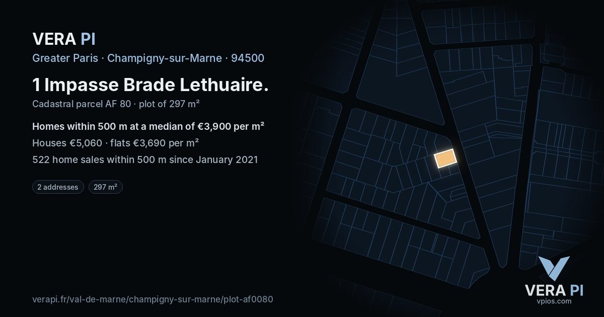 1 Impasse Brade Lethuaire, Champigny-sur-Marne at night – the plot lit, the parcels around coloured by the prices near them