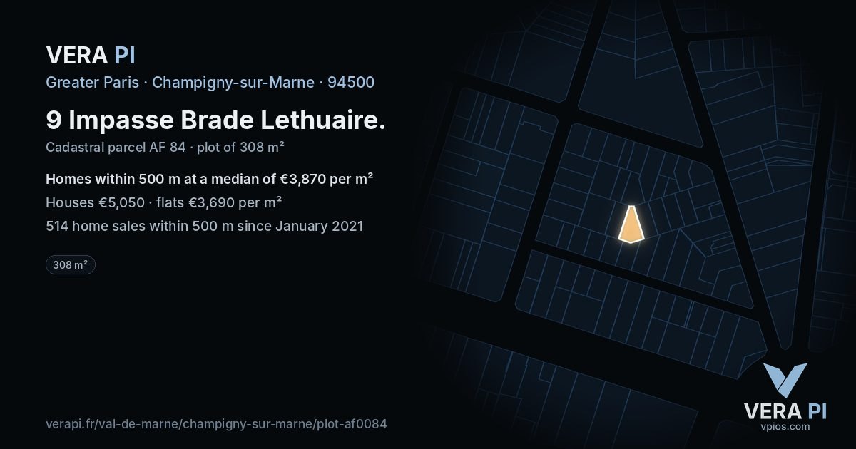 9 Impasse Brade Lethuaire, Champigny-sur-Marne at night – the plot lit, the parcels around coloured by the prices near them