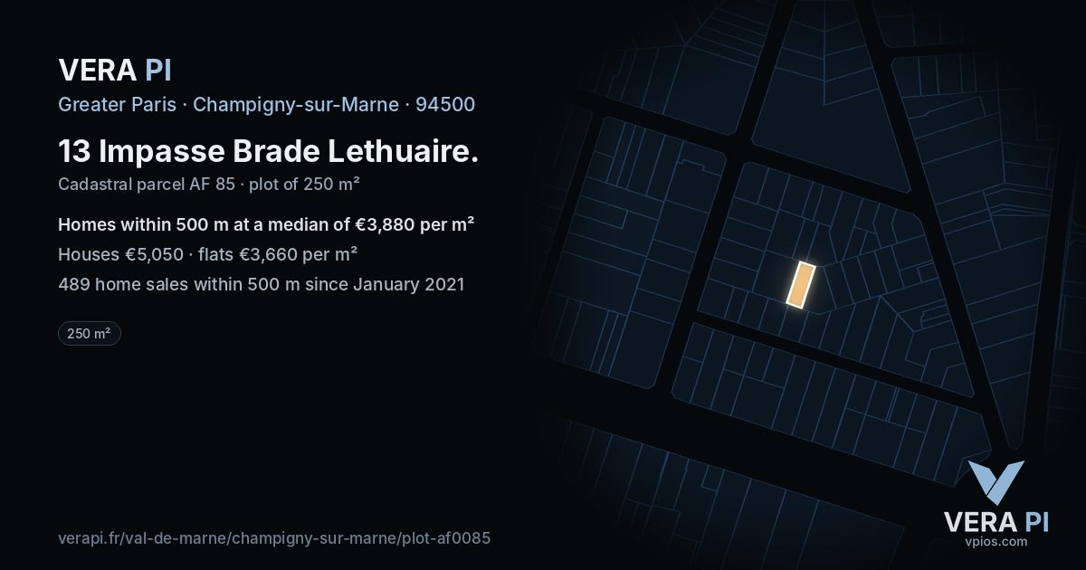 13 Impasse Brade Lethuaire, Champigny-sur-Marne at night – the plot lit, the parcels around coloured by the prices near them