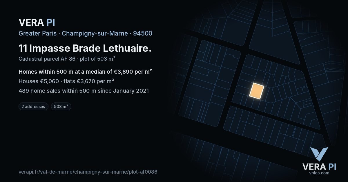 11 Impasse Brade Lethuaire, Champigny-sur-Marne at night – the plot lit, the parcels around coloured by the prices near them