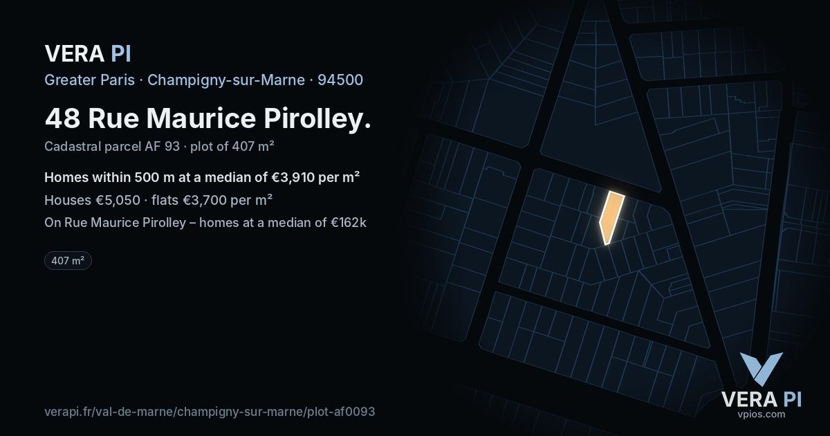 48 Rue Maurice Pirolley, Champigny-sur-Marne at night – the plot lit, the parcels around coloured by the prices near them