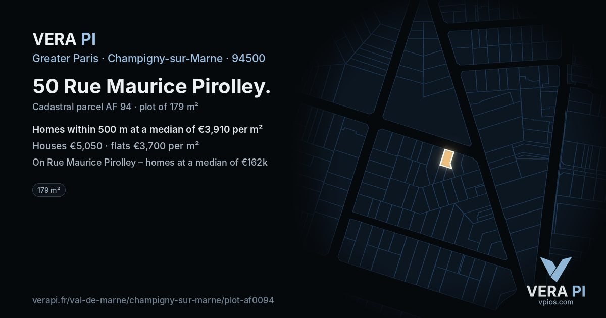 50 Rue Maurice Pirolley, Champigny-sur-Marne at night – the plot lit, the parcels around coloured by the prices near them