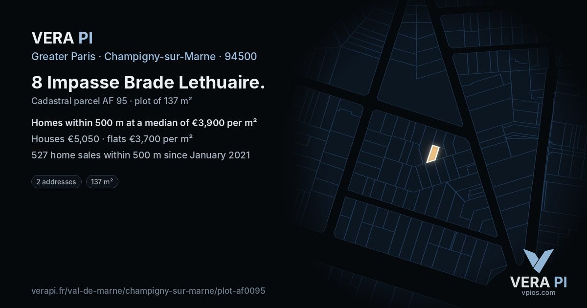 8 Impasse Brade Lethuaire, Champigny-sur-Marne at night – the plot lit, the parcels around coloured by the prices near them