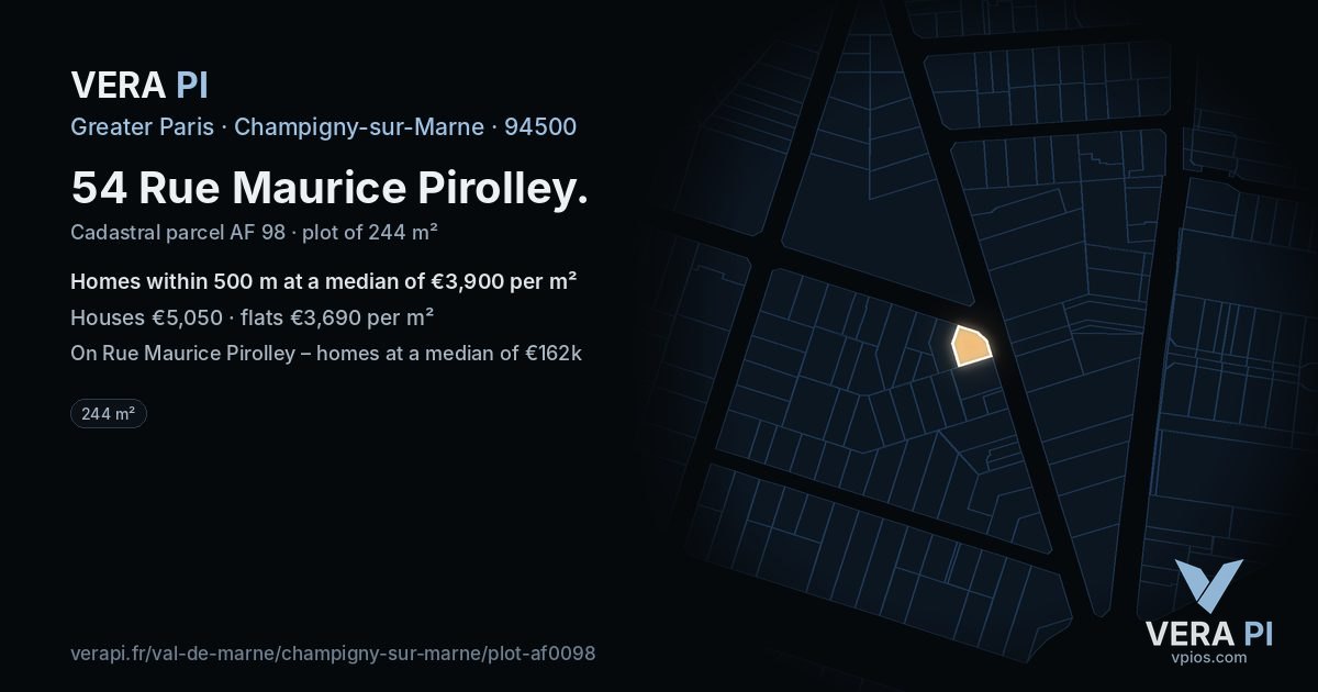 54 Rue Maurice Pirolley, Champigny-sur-Marne at night – the plot lit, the parcels around coloured by the prices near them