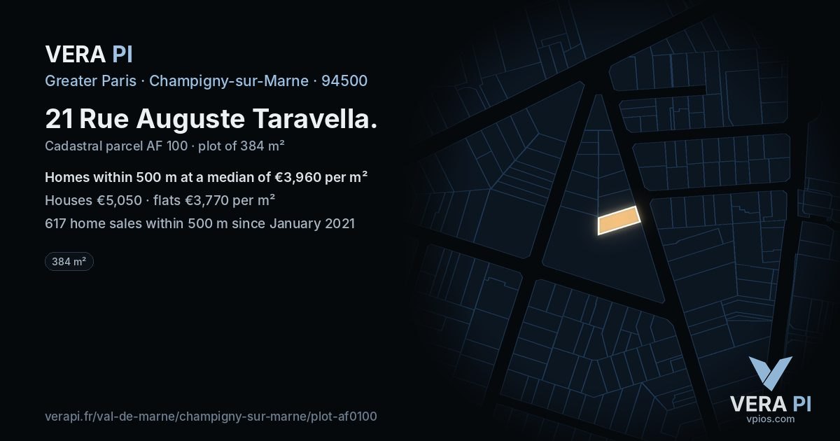 21 Rue Auguste Taravella, Champigny-sur-Marne at night – the plot lit, the parcels around coloured by the prices near them