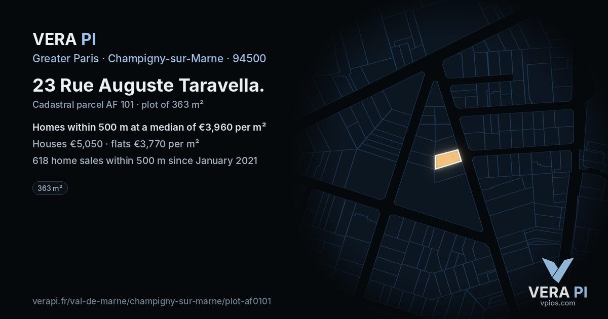23 Rue Auguste Taravella, Champigny-sur-Marne at night – the plot lit, the parcels around coloured by the prices near them