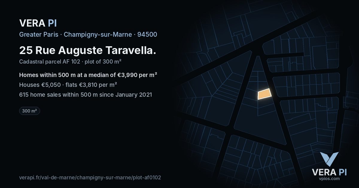 25 Rue Auguste Taravella, Champigny-sur-Marne at night – the plot lit, the parcels around coloured by the prices near them