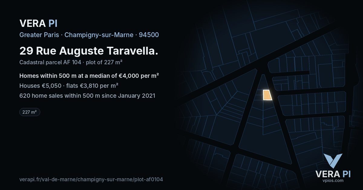 29 Rue Auguste Taravella, Champigny-sur-Marne at night – the plot lit, the parcels around coloured by the prices near them