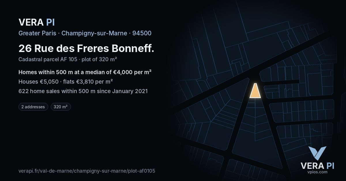 26 Rue des Freres Bonneff, Champigny-sur-Marne at night – the plot lit, the parcels around coloured by the prices near them