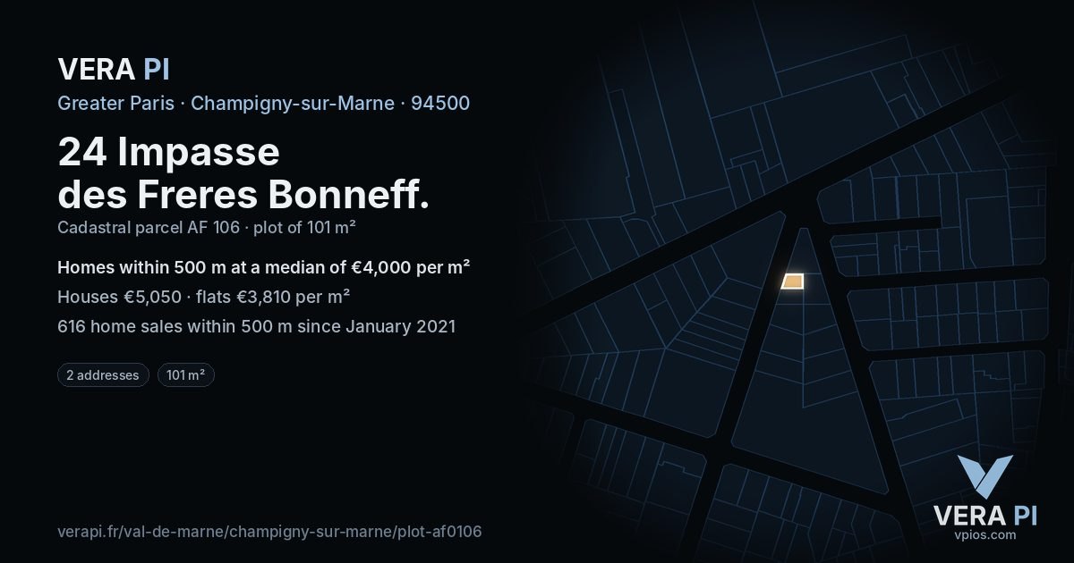 24 Impasse des Freres Bonneff, Champigny-sur-Marne at night – the plot lit, the parcels around coloured by the prices near them