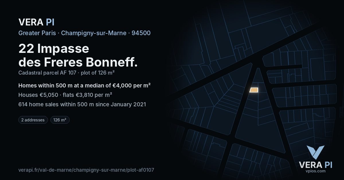 22 Impasse des Freres Bonneff, Champigny-sur-Marne at night – the plot lit, the parcels around coloured by the prices near them