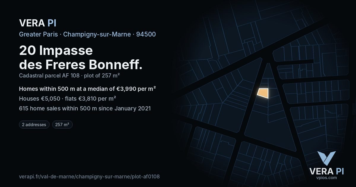 20 Impasse des Freres Bonneff, Champigny-sur-Marne at night – the plot lit, the parcels around coloured by the prices near them