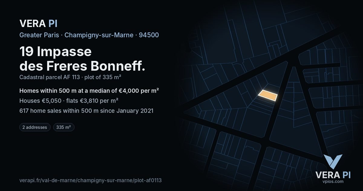 19 Impasse des Freres Bonneff, Champigny-sur-Marne at night – the plot lit, the parcels around coloured by the prices near them