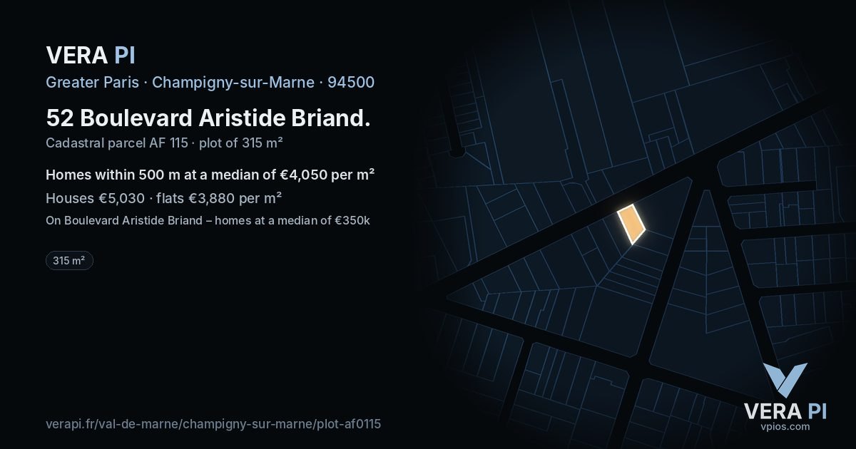 52 Boulevard Aristide Briand, Champigny-sur-Marne at night – the plot lit, the parcels around coloured by the prices near them