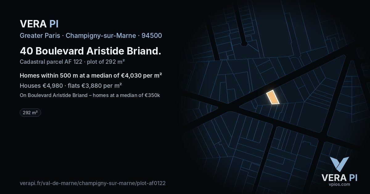 40 Boulevard Aristide Briand, Champigny-sur-Marne at night – the plot lit, the parcels around coloured by the prices near them