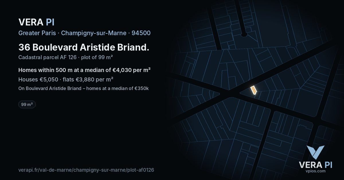 36 Boulevard Aristide Briand, Champigny-sur-Marne at night – the plot lit, the parcels around coloured by the prices near them