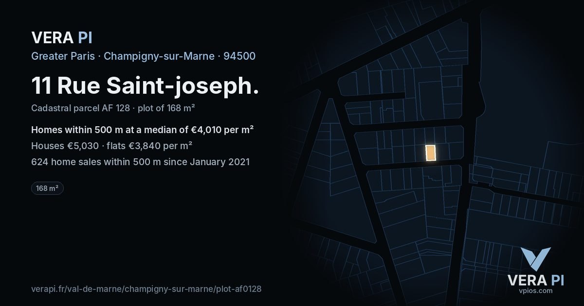 11 Rue Saint-joseph, Champigny-sur-Marne at night – the plot lit, the parcels around coloured by the prices near them