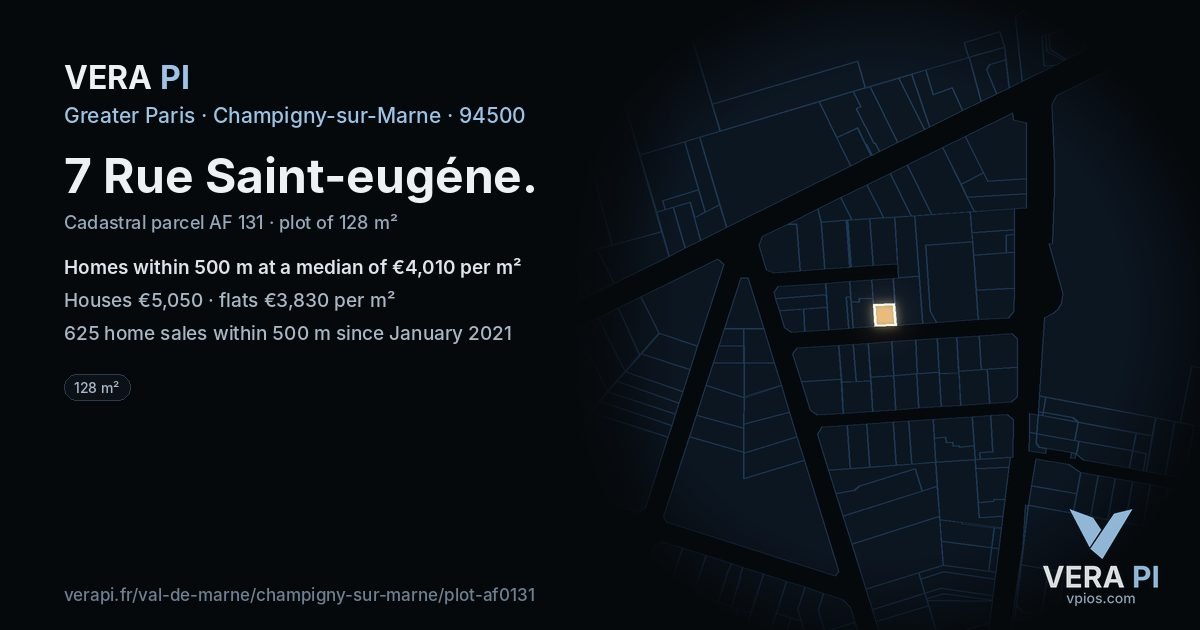 7 Rue Saint-eugéne, Champigny-sur-Marne at night – the plot lit, the parcels around coloured by the prices near them
