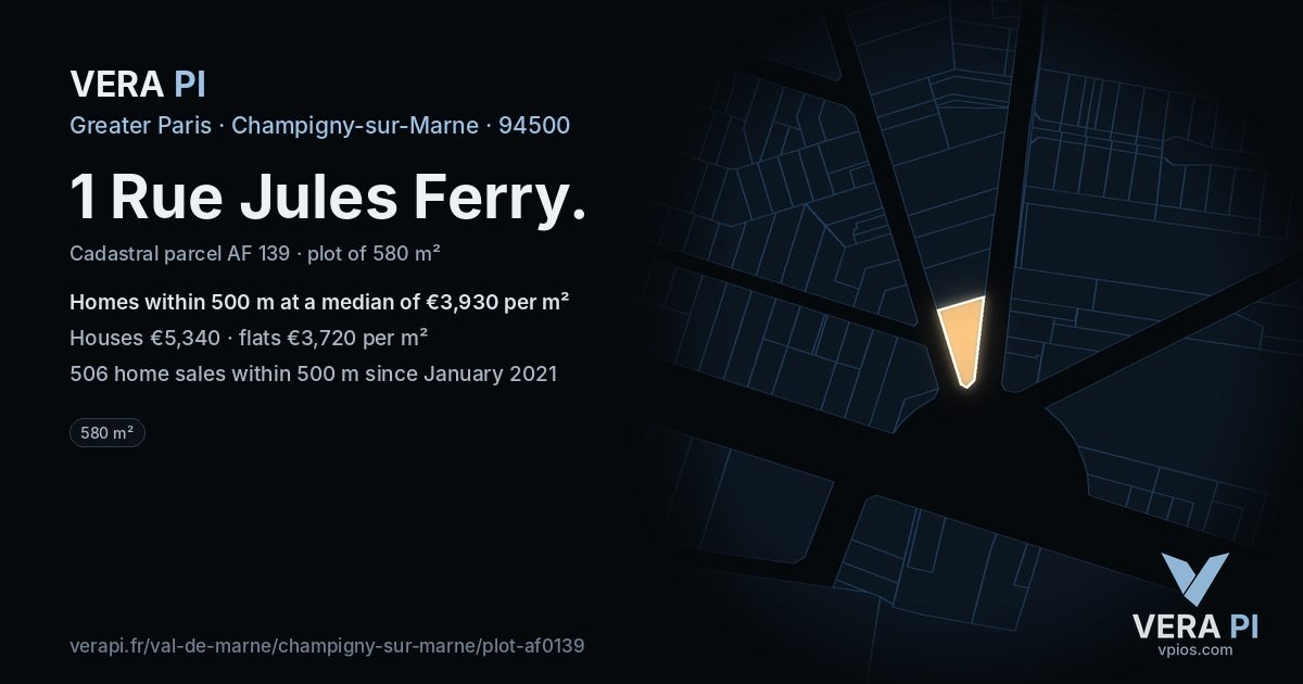 1 Rue Jules Ferry, Champigny-sur-Marne at night – the plot lit, the parcels around coloured by the prices near them