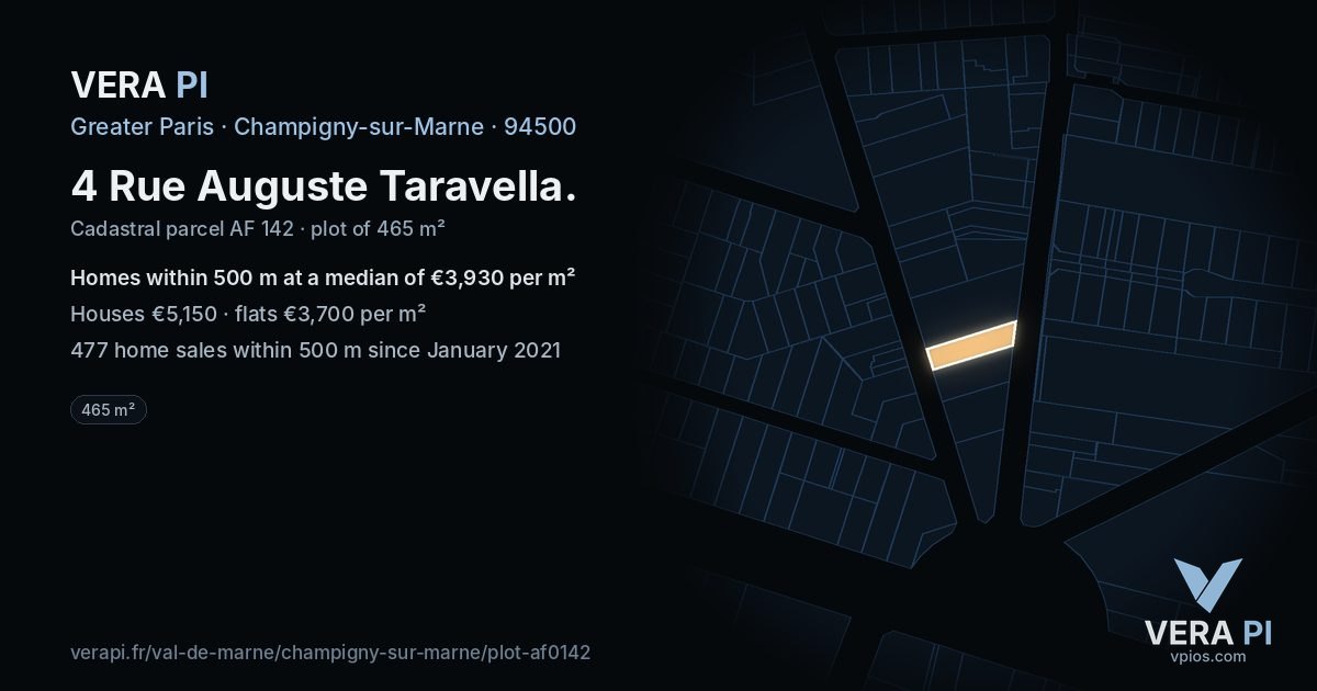 4 Rue Auguste Taravella, Champigny-sur-Marne at night – the plot lit, the parcels around coloured by the prices near them
